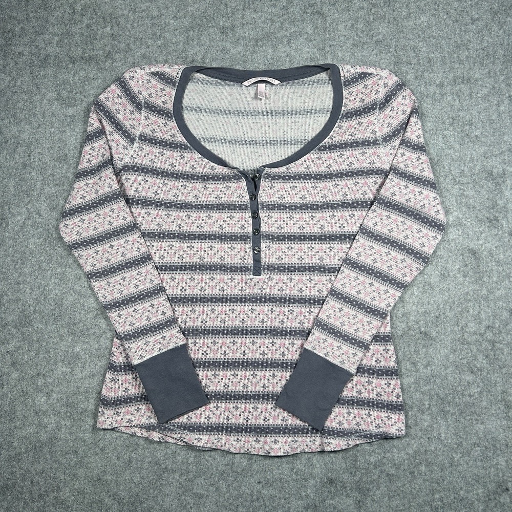 Victorias Secret Pajama Set Henley Top Womens Size XS Pink Grey Striped Thermal